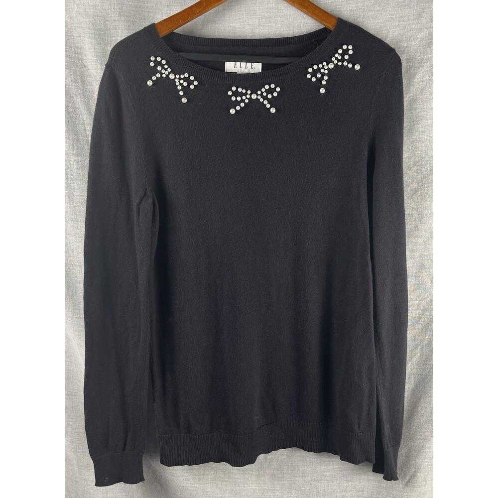 Elle Sweater Women’s Size M Black Pearl Bows Cotton Blend Dressy Holiday Classic